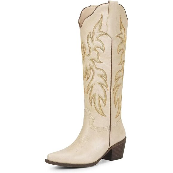 Women's Beige Knee High Cowgirl Boots With Chunky Low Heel And Pointed Toe